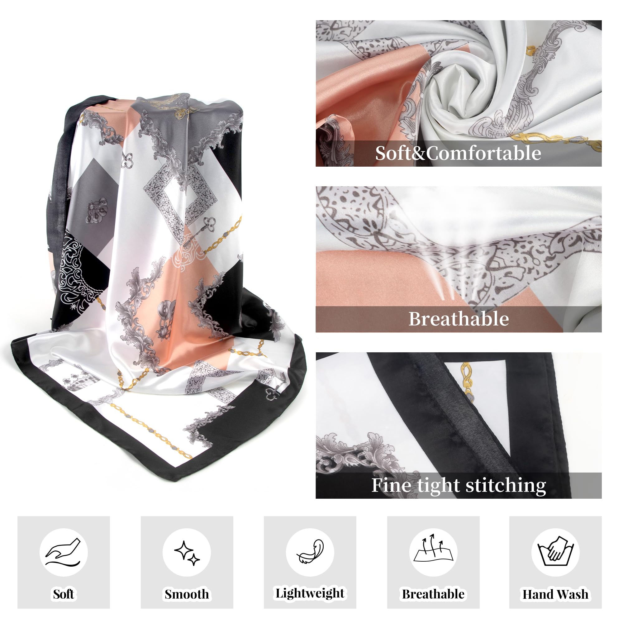 Scotamalone Head Scarf for Women Bandanas Printed Satin-Silk Scarf Hair Scarf 35 Inches for Travel, Beach, Vacation, Casual