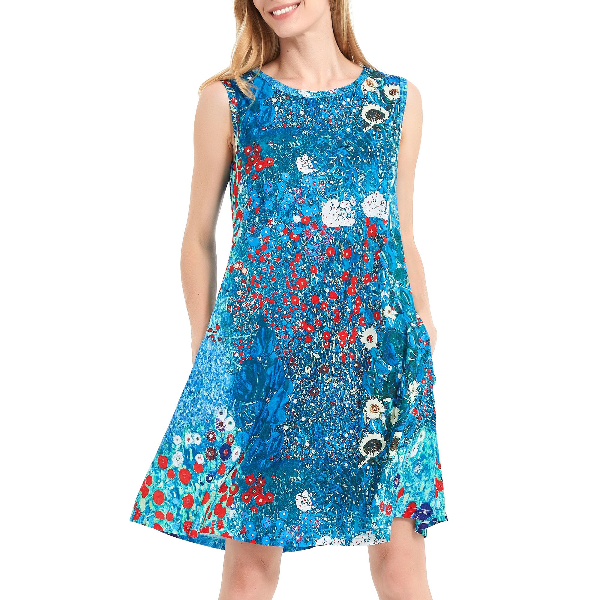 Scotamalone Summer Dresses for Women Casual Beach Travel Vacation Floral Tshirt Sundress Tank Dress Sleeveless with Pockets