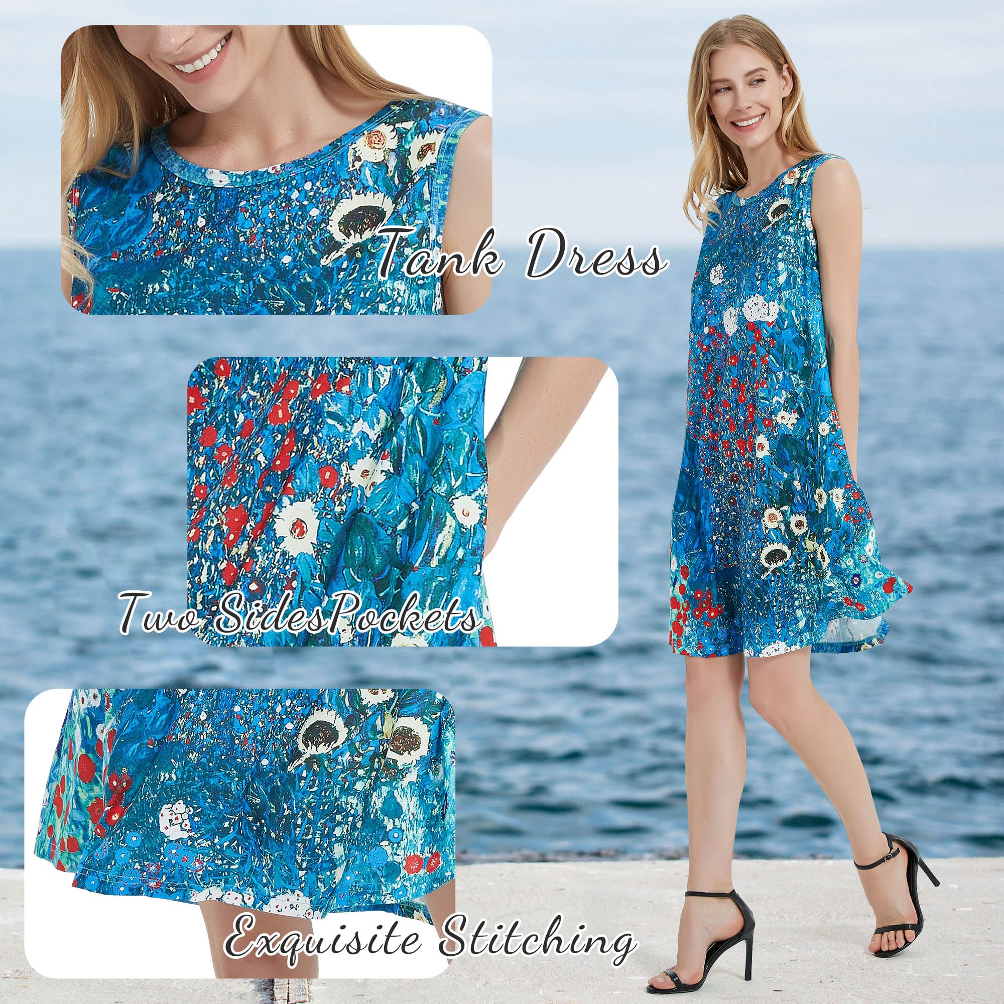 Scotamalone Summer Dresses for Women Casual Beach Travel Vacation Floral Tshirt Sundress Tank Dress Sleeveless with Pockets